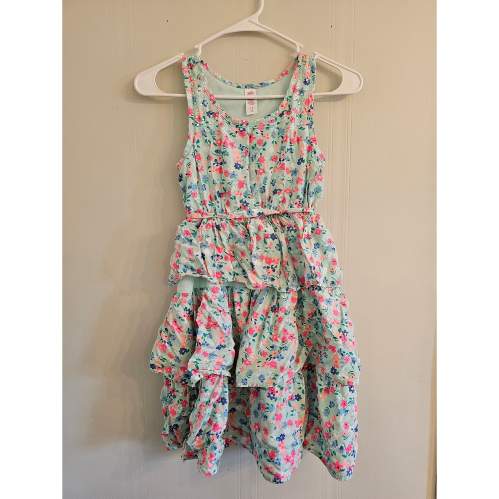 Justice Girls Floral Ruffle Tiered Dress Green Pink‎ Blue Size 12 spring summer